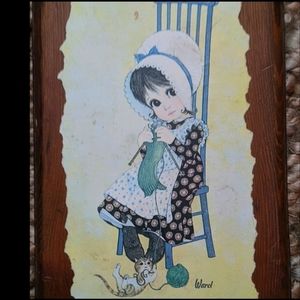 Vintage country painting print wooden board RARE